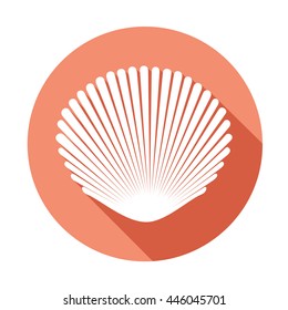 White seashell. Flat icon with long shadow on light pink background. Flat design style. Vector illustration. EPS10.
