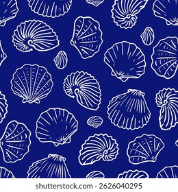 White Seashell Pattern on Dark Blue Background, Coastal Design