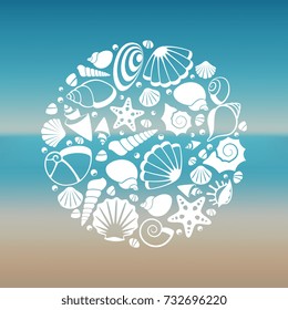 White Seashell Silhouette Round Concept. Graphic Summer Marine, Vector Illustration