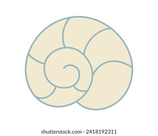 White seashell, spiral shell. Marine underwater swirling sea shell of round spiral shape. Symbol ocean, natural world. Snail House. Isolated. Color image outline. Flat design. Vector illustration