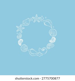 White seashell wreath on light blue background, nautical circular frame with starfish and marine shells, elegant summer vector illustration