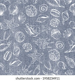 white seashells on denim seamless vector repeat pattern