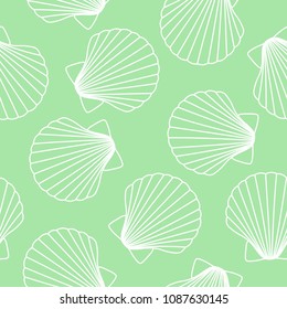 white seashells on light green background sea ocean shell pattern seamless vector.