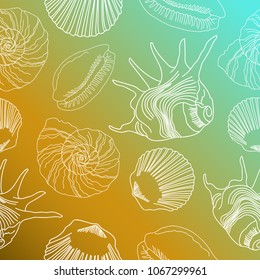 White seashells on a sea background.