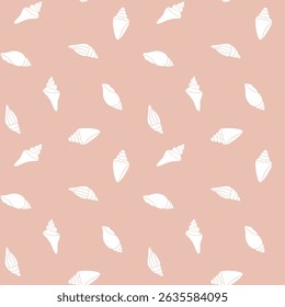 Silhuetas de conchas brancas Padrão sem emenda. Resumo doodle Marine conchas fundo. Ótimo para impressão de tecido, papel de embalagem, viagem de férias Design, embalagem de verão, produto para crianças, papel de parede