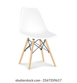 White seat chair with wooden legs. Realistic 3d vector mockup. Four legged chair. Mock-up