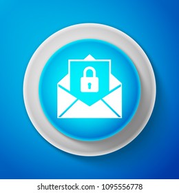 White Secure mail icon isolated on blue background. Mailing envelope locked with padlock. Circle blue button with white line. Vector Illustration