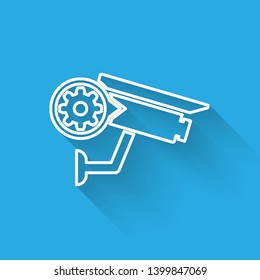 White Security camera and gear line icon isolated with long shadow. Adjusting app, service concept, setting options, maintenance, repair, fixing. Vector Illustration