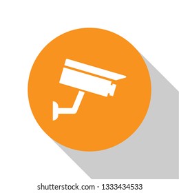 White Security camera icon isolated on white background. Orange circle button. Flat design. Vector Illustration