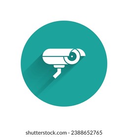 White Security camera icon isolated with long shadow. Green circle button. Vector