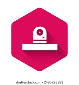 White Security camera icon isolated with long shadow. Pink hexagon button. Vector