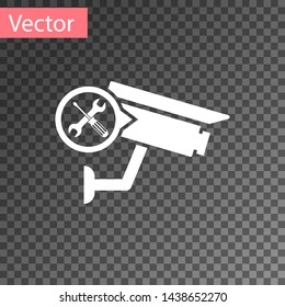 White Security camera with screwdriver and wrench icon isolated on transparent background. Adjusting, service, setting, maintenance, repair, fixing.  Vector Illustration