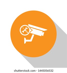 White Security camera with screwdriver and wrench icon isolated on white background. Adjusting, service, setting, maintenance, repair, fixing. Orange circle button. Vector Illustration