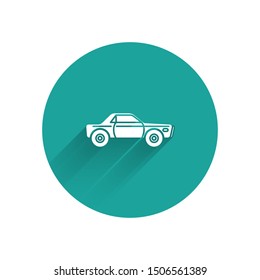 White Sedan car icon isolated with long shadow. Green circle button. Vector Illustration