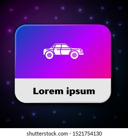 White Sedan car icon isolated on black background. Rectangle color button. Vector Illustration