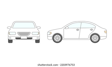 White Sedan Car Illustration. Front View And Side View.