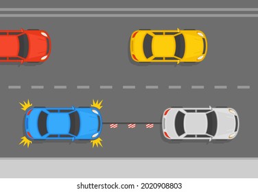 White sedan car towing a broken down blue sedan car on a flexible hitch. Turn on hazard lights while towing. Top view of a city road. Flat vector illustration template.