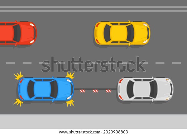 White sedan car towing a\
broken down blue sedan car on a flexible hitch. Turn on hazard\
lights while towing. Top view of a city road. Flat vector\
illustration template.