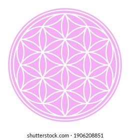 White Seed of Life on a pastel pink circular field. A geometric figure and spiritual symbol of the Sacred Geometry. Overlapping circles forming a flower like pattern. Illustration over white. Vector