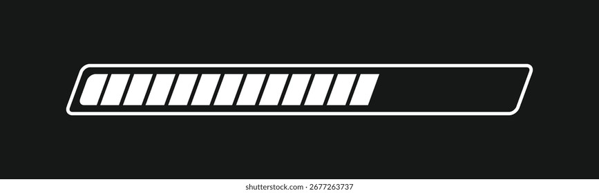 Barra de progresso segmentada branca em um plano de fundo escuro. O design inclinado é perfeito para exibir o status de download, carregamento e tempos de espera em designs modernos de interface de usuário