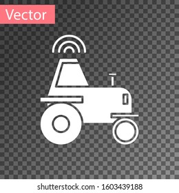 White Self driving wireless tractor on a smart farm icon isolated on transparent background. Smart agriculture implement element.  Vector Illustration