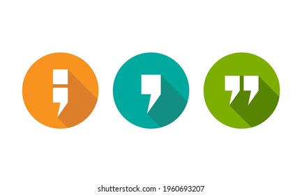 white semicolon, comma and qoutation mark icons set isolated on white.  Flat punctuation isigns. Vector illustration. quotation logo.  Chat sign. Citation