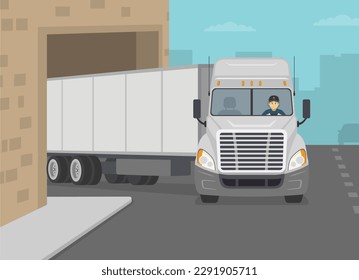 White semi-trailer going through the building arch. Truck turning right on a city road. Flat vector illustration template.