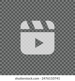 White Semi-transparent Clapperboard Icon on Background with Transparent Pattern. Social Media Icon for Representation of Video Content. Vector Illustration. 