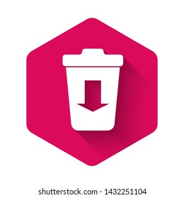 White Send to the trash icon isolated with long shadow. Pink hexagon button. Vector Illustration