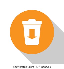 White Send to the trash icon isolated on white background. Orange circle button. Vector Illustration