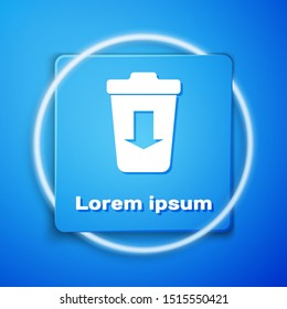 White Send to the trash icon isolated on blue background. Blue square button. Vector Illustration