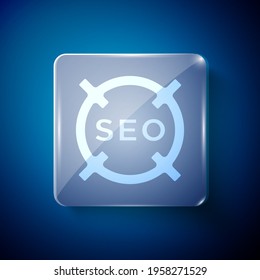 White SEO optimization icon isolated on blue background. Square glass panels. Vector