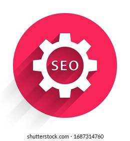 White Seo tag with gear wheel icon isolated with long shadow. Red circle button. Vector Illustration