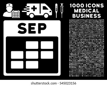 White September Calendar Grid vector icon with 1000 medical business pictograms. Set style is flat symbols, white color, black background.