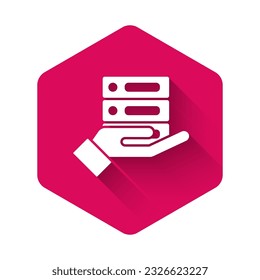 White Server, Data, Web Hosting icon isolated with long shadow. Pink hexagon button. Vector Illustration