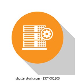 White Server and gear icon isolated on white background. Adjusting app, service concept, setting options, maintenance, repair, fixing. Orange circle button. Vector Illustration