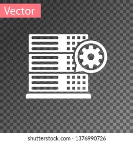 White Server and gear icon isolated on transparent background. Adjusting app, service concept, setting options, maintenance, repair, fixing. Vector Illustration
