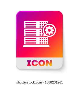White Server and gear icon isolated on white background. Adjusting app, service concept, setting options, maintenance, repair, fixing. Rectangle color button. Vector Illustration