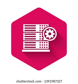 White Server and gear icon isolated with long shadow. Adjusting app, service concept, setting options, maintenance, repair, fixing. Pink hexagon button. Vector Illustration