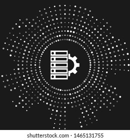 White Server and gear icon isolated on grey background. Adjusting app, service concept, setting options, maintenance, repair, fixing. Abstract circle random dots. Vector Illustration