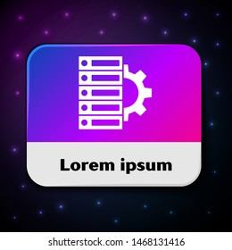 White Server and gear icon isolated on black background. Adjusting app, service concept, setting options, maintenance, repair, fixing. Rectangle color button. Vector Illustration