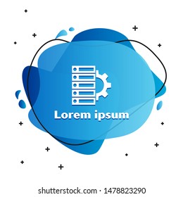 White Server and gear icon isolated on white background. Adjusting app, service concept, setting options, maintenance, repair, fixing. Abstract banner with liquid shapes. Vector Illustration