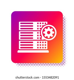 White Server and gear icon isolated on white background. Adjusting app, service concept, setting options, maintenance, repair, fixing. Square color button. Vector Illustration