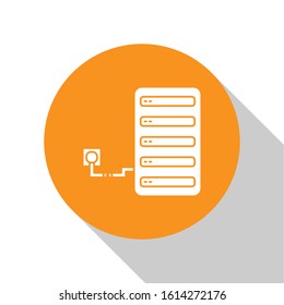 White Server icon isolated on white background. Adjusting app, service concept, setting options, maintenance, repair, fixing. Orange circle button. Vector Illustration
