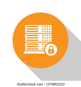 White Server security with closed padlock icon isolated on white background. Security, safety, protection concept. Orange circle button. Vector Illustration