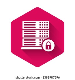 White Server security with closed padlock icon isolated with long shadow. Security, safety, protection concept. Pink hexagon button. Vector Illustration
