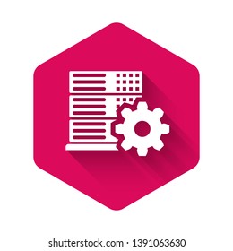 White Server setting icon isolated with long shadow. Pink hexagon button. Vector Illustration