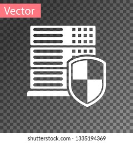 White Server with shield icon isolated on transparent background. Protection against attacks. Network firewall, router, switch or server, data, center. Vector Illustration