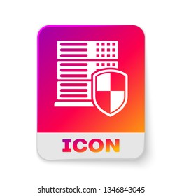 White Server with shield icon isolated on white background. Protection against attacks. Network firewall, router, switch or server, data, center. Rectangle color button. Vector Illustration