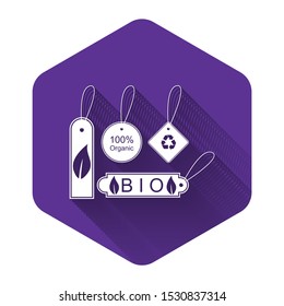 White Set of banners, labels, tags, logos for eco green healthy foods icon isolated with long shadow. Organic products. Healthy food stickers. Purple hexagon button. Vector Illustration